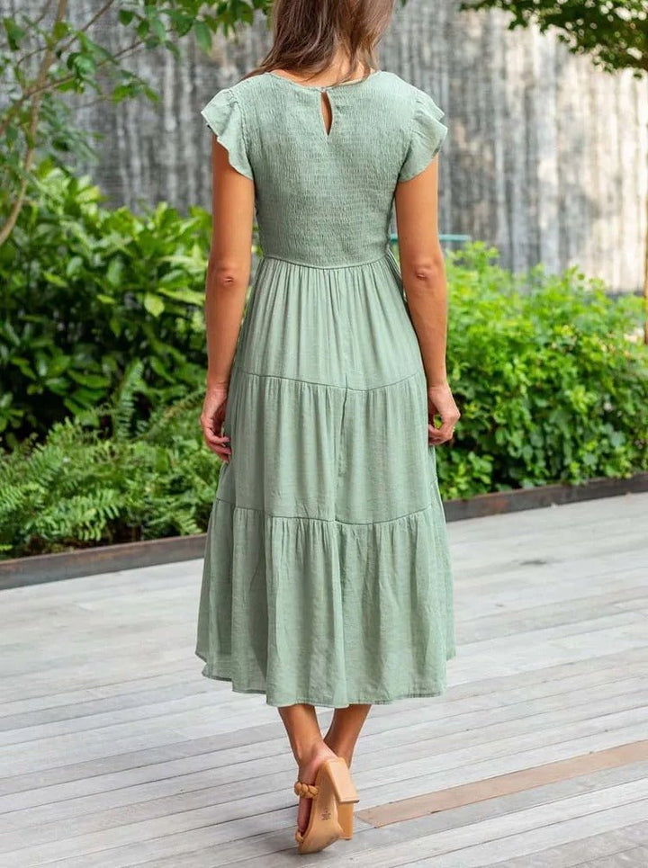 Women's Tummy Control Tiered Ruffle Sleeve Midi Dress