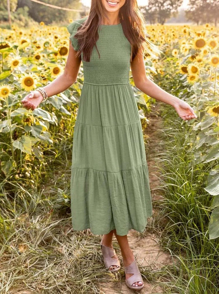 Women's Tummy Control Tiered Ruffle Sleeve Midi Dress
