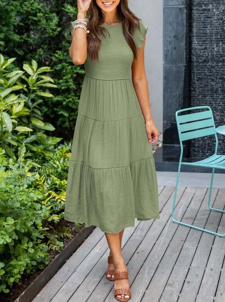 Women's Tummy Control Tiered Ruffle Sleeve Midi Dress - Dark green