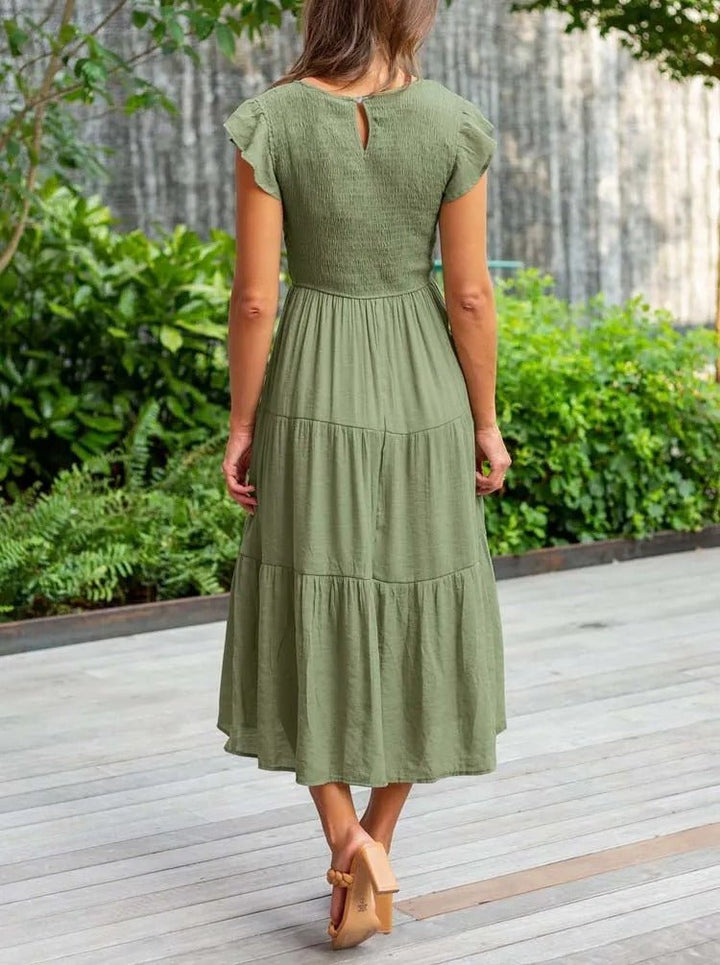 Women's Tummy Control Tiered Ruffle Sleeve Midi Dress