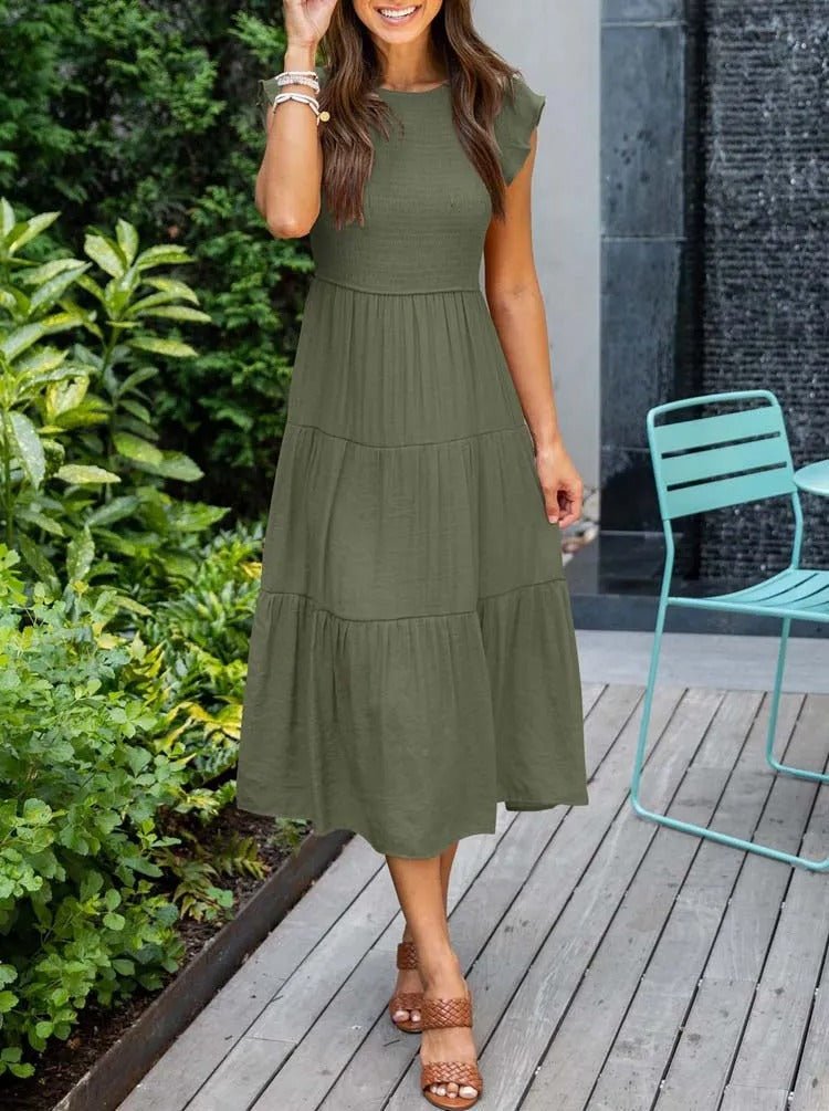 Women's Tummy Control Tiered Ruffle Sleeve Midi Dress