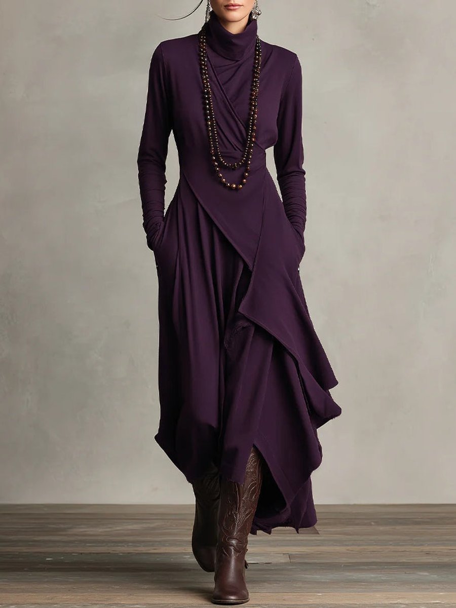 Women's Turtleneck Asymmetric Maxi Long Sleeve Dress Flowy Layered - Purple