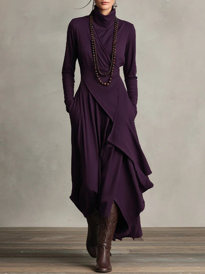 Women's Turtleneck Asymmetric Maxi Long Sleeve Dress Flowy Layered - Purple