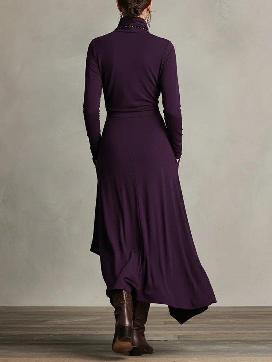 Women's Turtleneck Asymmetric Maxi Long Sleeve Dress Flowy Layered