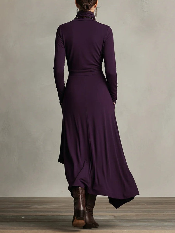 Women's Turtleneck Asymmetric Maxi Long Sleeve Dress Flowy Layered