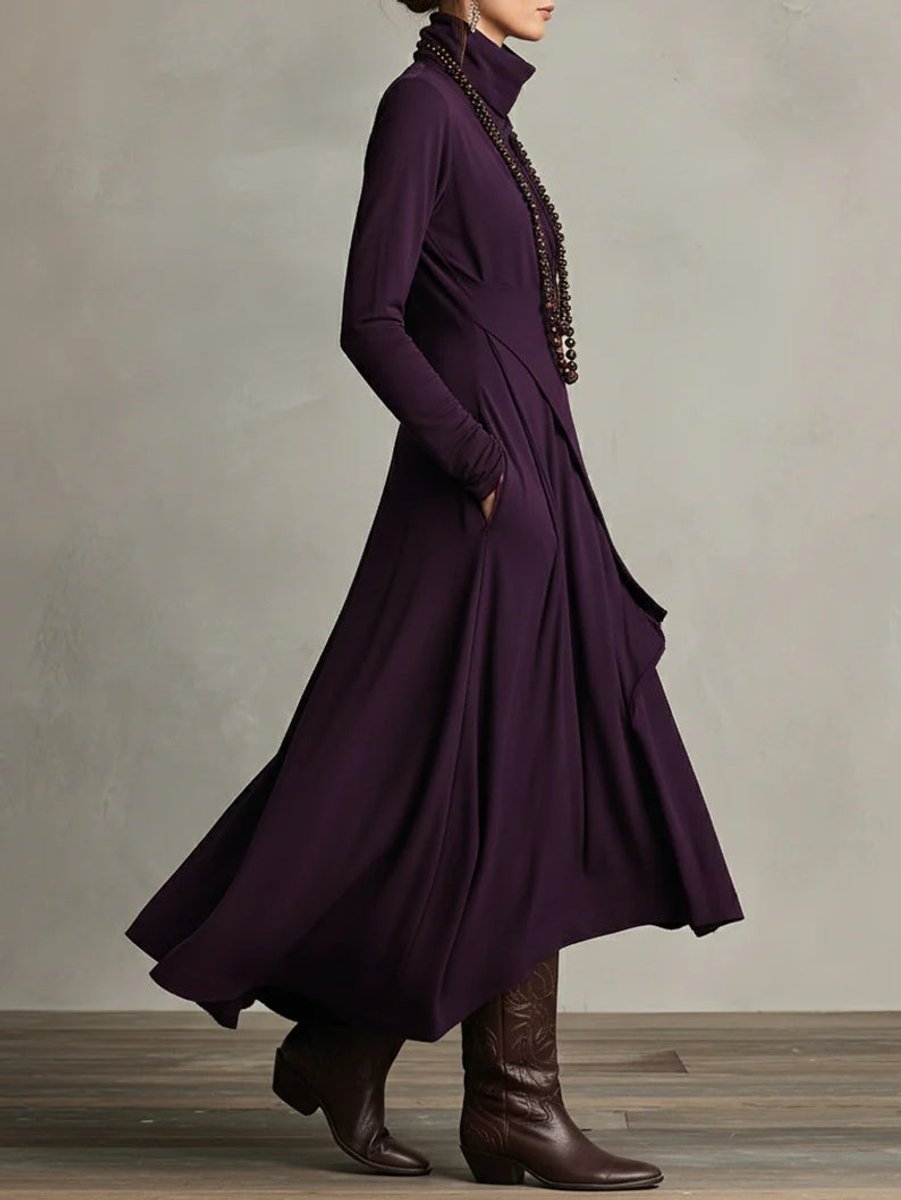 Women's Turtleneck Asymmetric Maxi Long Sleeve Dress Flowy Layered