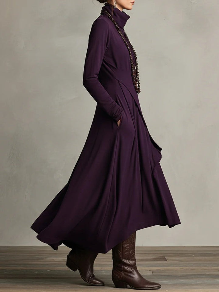 Women's Turtleneck Asymmetric Maxi Long Sleeve Dress Flowy Layered