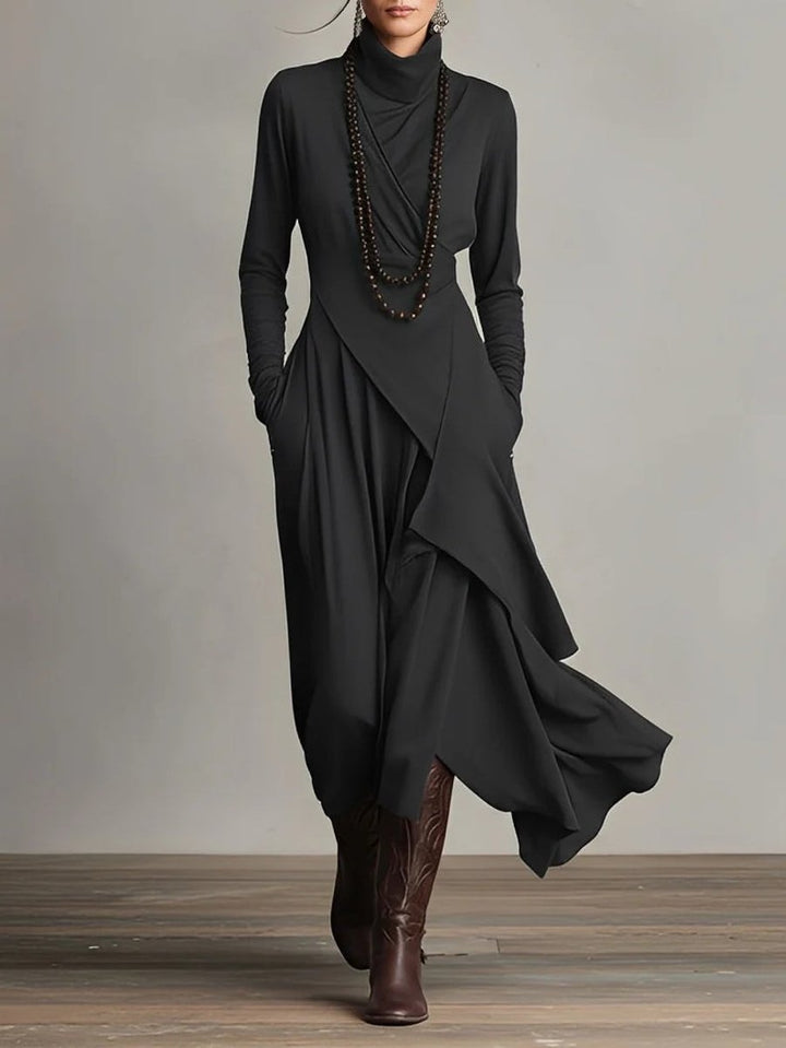 Women's Turtleneck Asymmetric Maxi Long Sleeve Dress Flowy Layered - Black