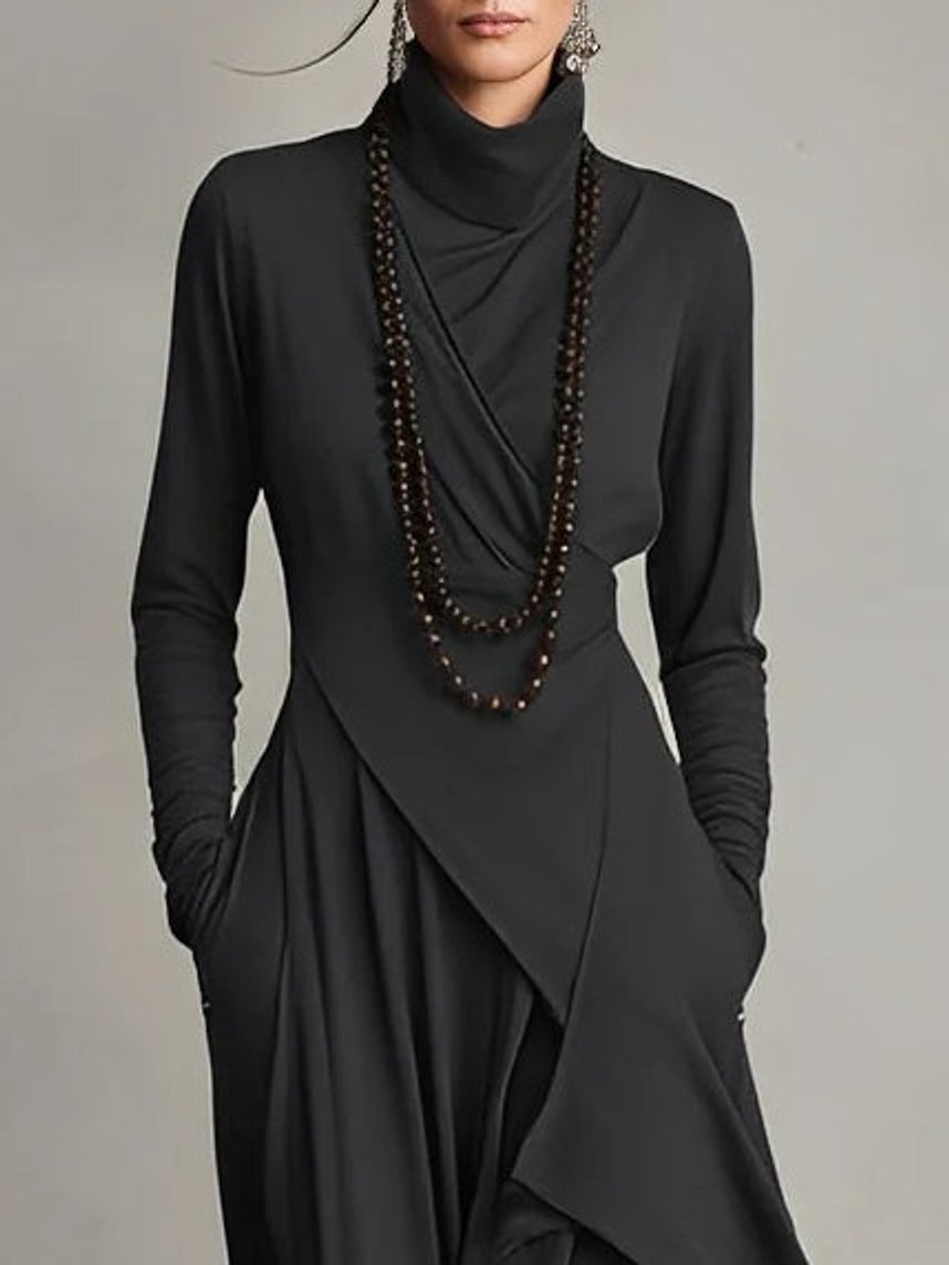 Women's Turtleneck Asymmetric Maxi Long Sleeve Dress Flowy Layered