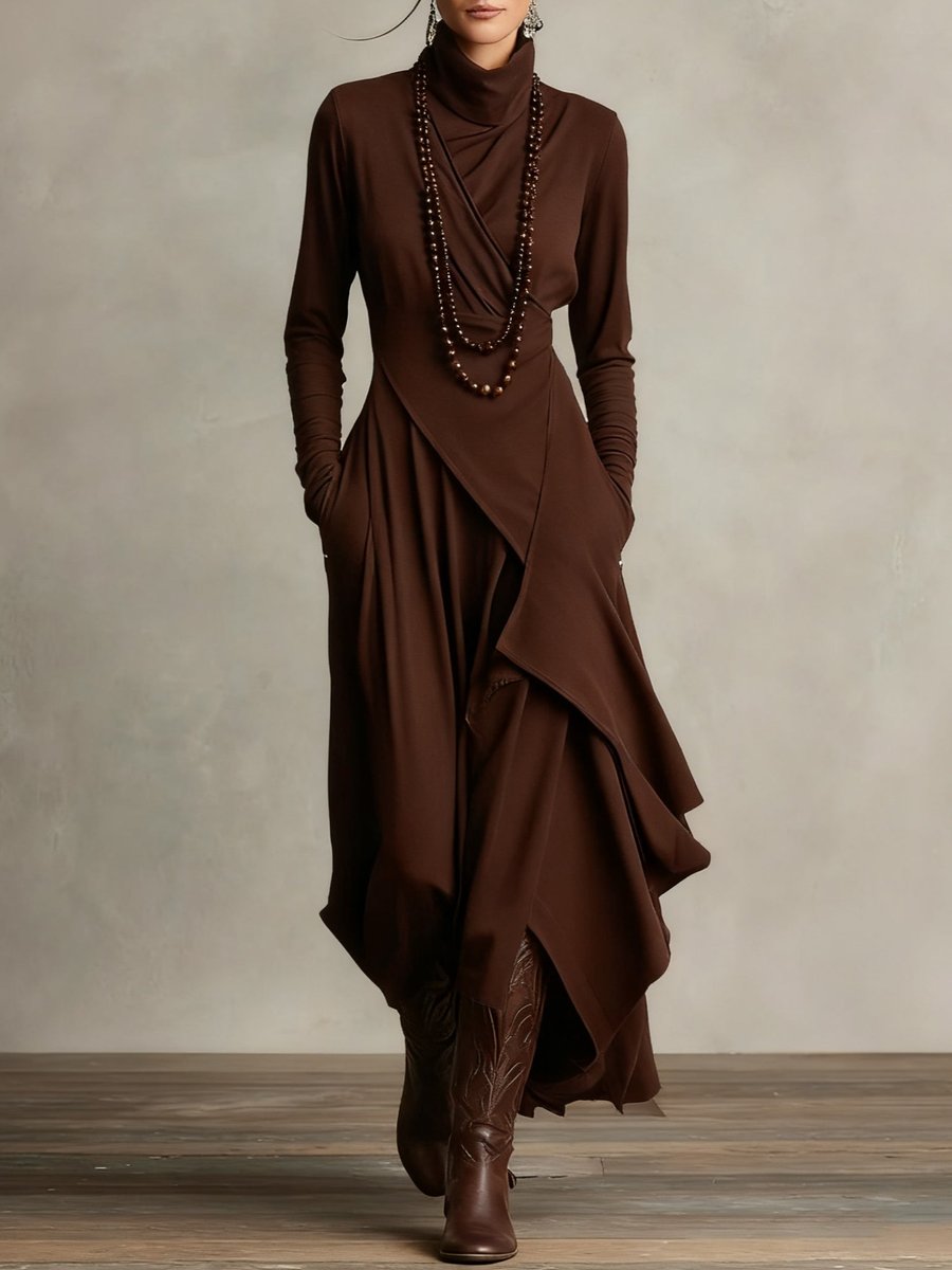 Women's Turtleneck Asymmetric Maxi Long Sleeve Dress Flowy Layered - Brown