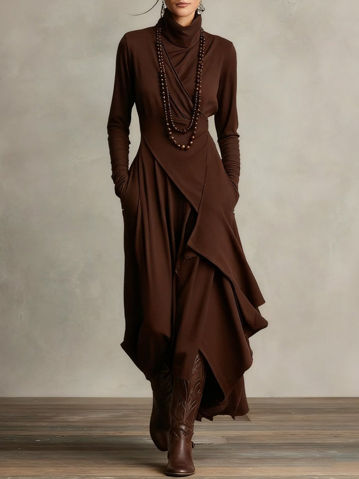 Women's Turtleneck Asymmetric Maxi Long Sleeve Dress Flowy Layered - Brown