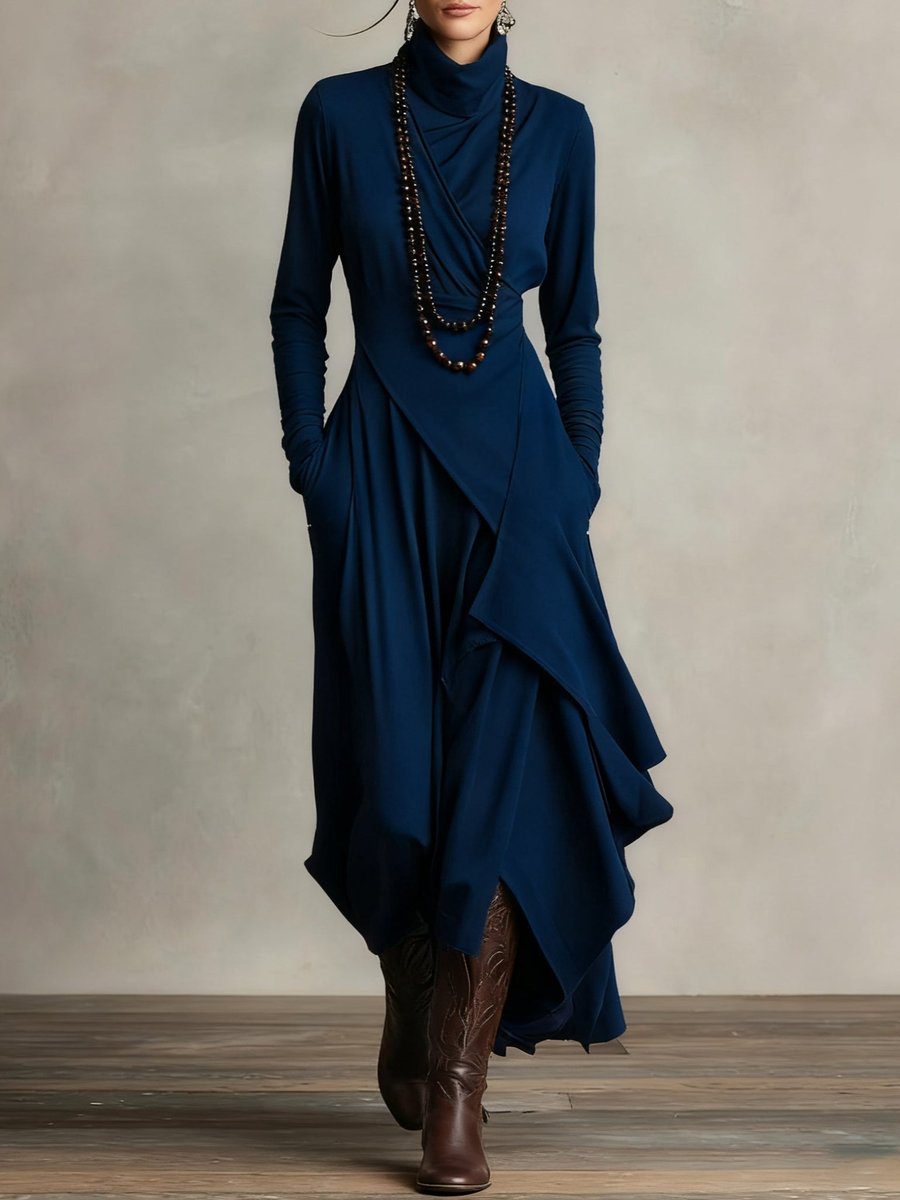 Women's Turtleneck Asymmetric Maxi Long Sleeve Dress Flowy Layered - Navy Blue
