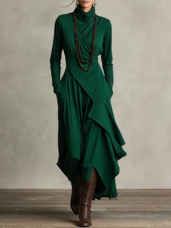 Women's Turtleneck Asymmetric Maxi Long Sleeve Dress Flowy Layered - Green