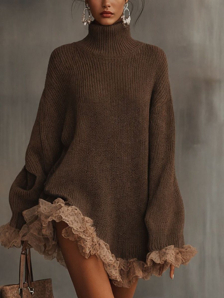 Women's Turtleneck Knit Lace-Hem Formal Dresses Oversized Mini - Brown