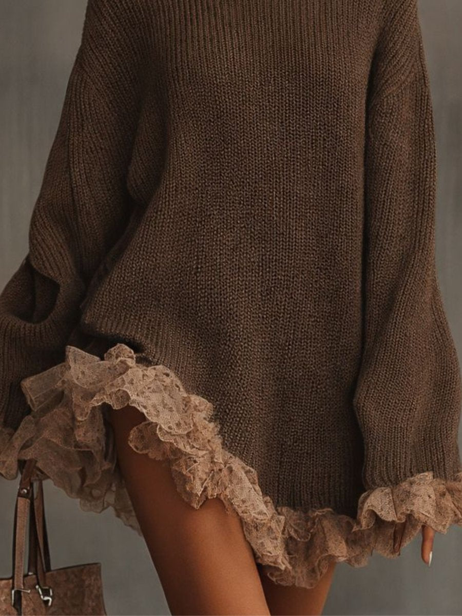 Women's Turtleneck Knit Lace-Hem Formal Dresses Oversized Mini