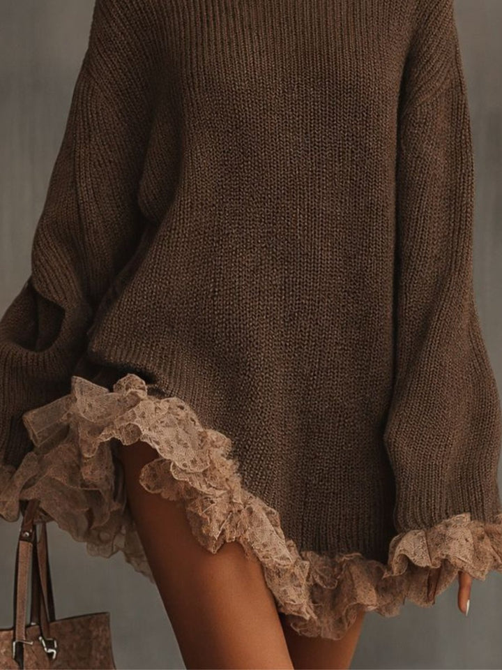 Women's Turtleneck Knit Lace-Hem Formal Dresses Oversized Mini