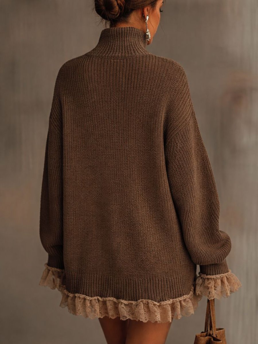 Women's Turtleneck Knit Lace-Hem Formal Dresses Oversized Mini