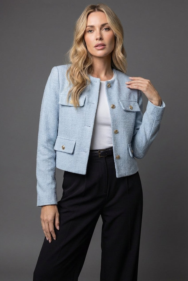 Women's Tweed Round Neck Cropped Button Blazer Jacket - Light Blue