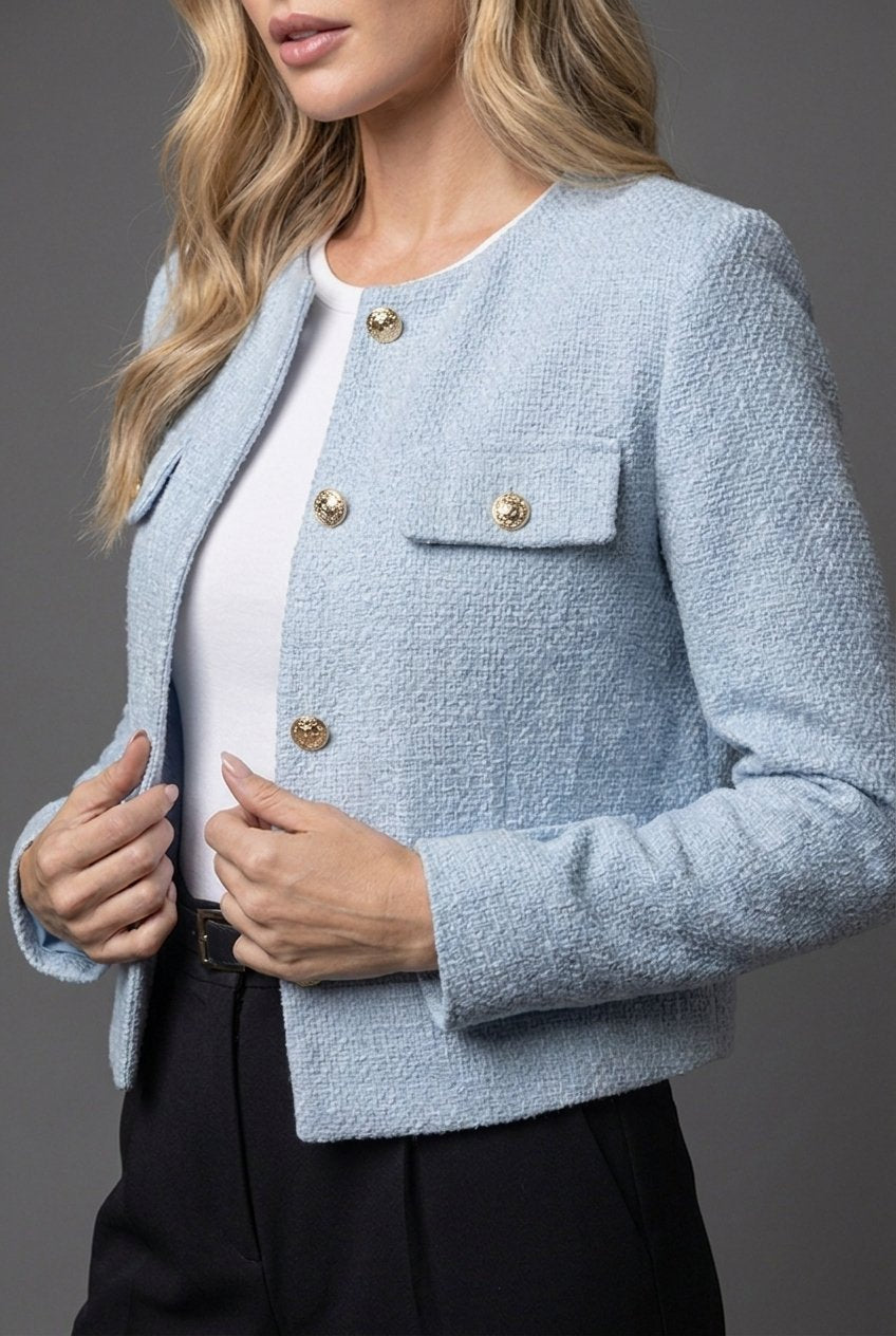 Women's Tweed Round Neck Cropped Button Blazer Jacket