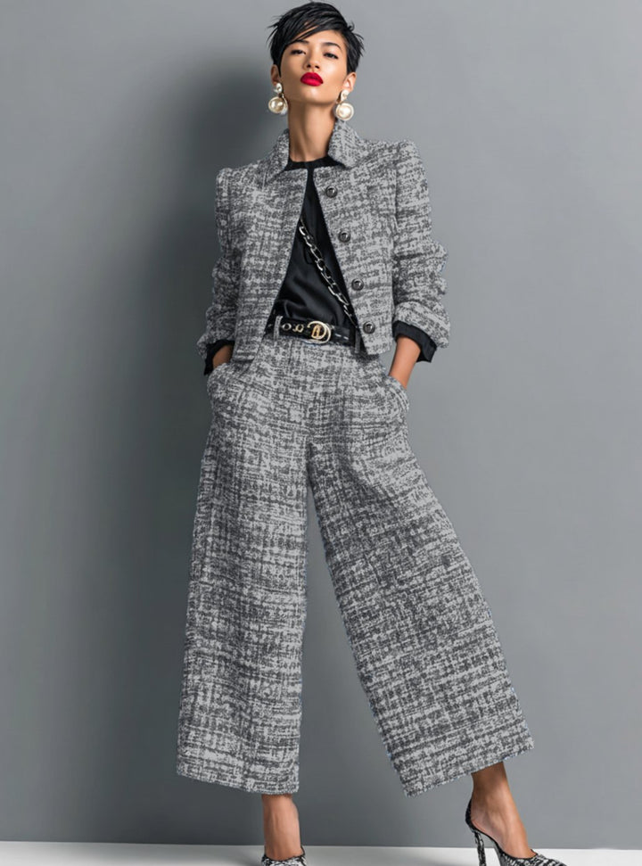 Women's Tweed Two-Piece Wide-Leg Cropped Trouser Suit Set - Black