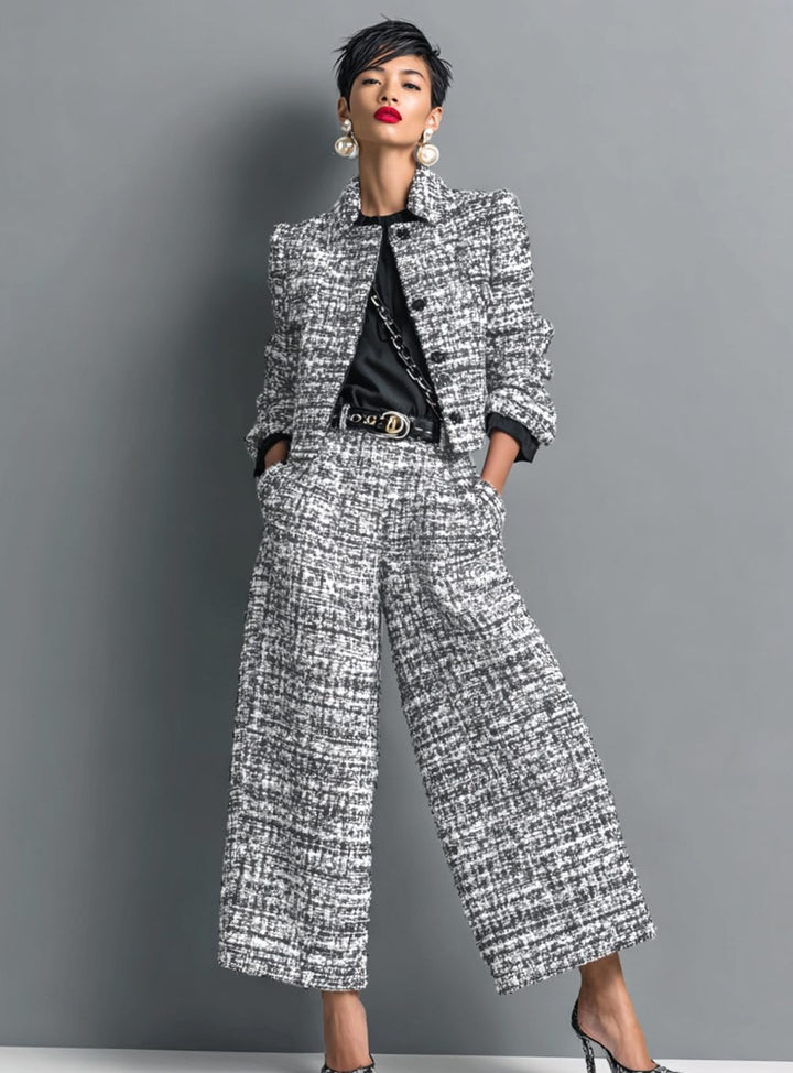 Women's Tweed Two-Piece Wide-Leg Cropped Trouser Suit Set - Grey