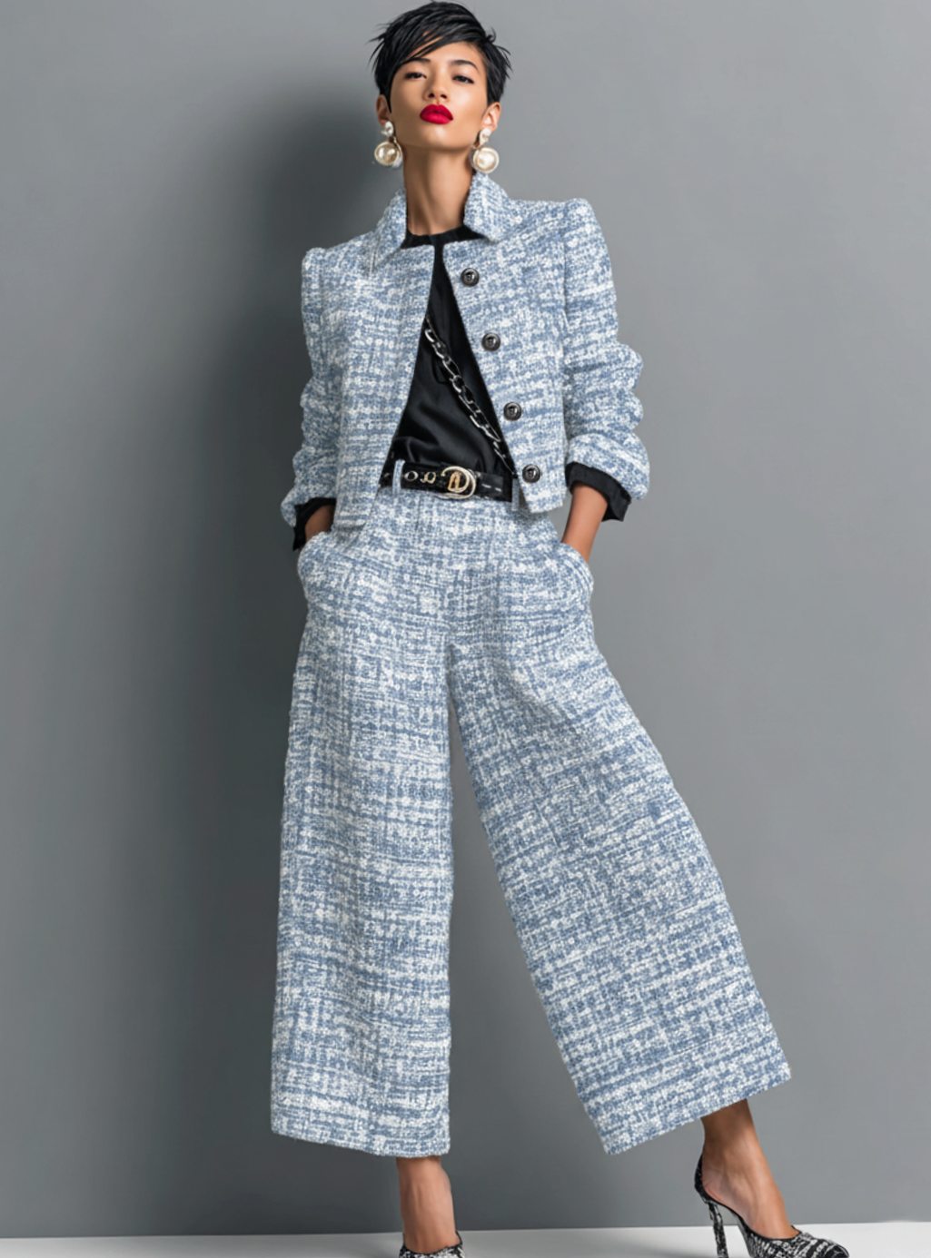 Women's Tweed Two-Piece Wide-Leg Cropped Trouser Suit Set - Blue