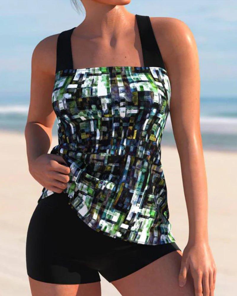 Women's Two-Piece Geometric Print Tankini Set with Shorts - Zwart/Groen