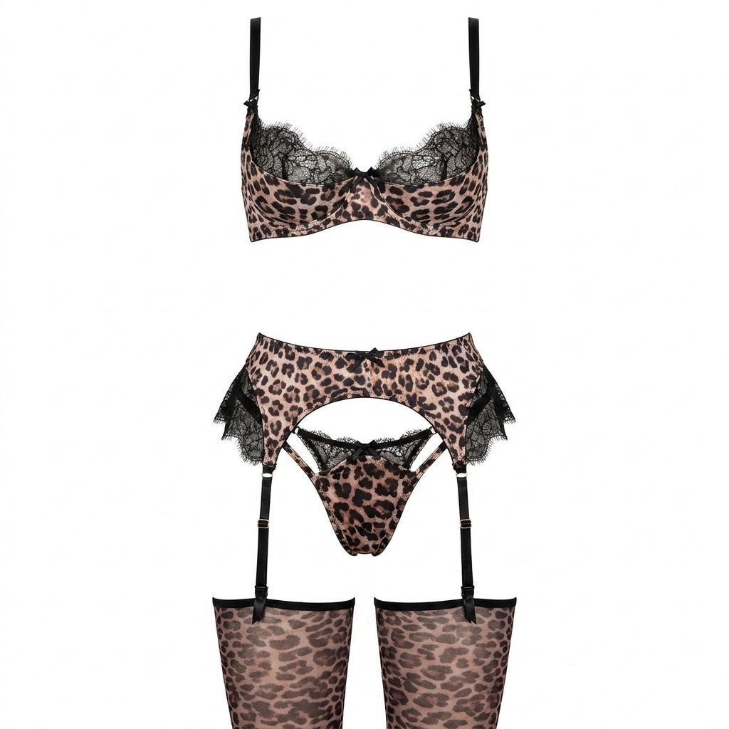 Women's Underwired Leopard Print Black Lace Lingerie Set - Leopard