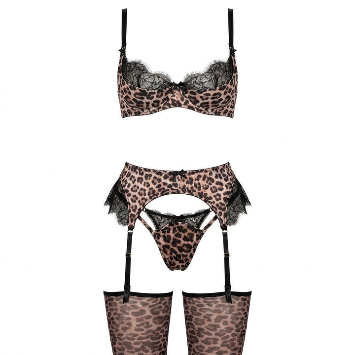Women's Underwired Leopard Print Black Lace Lingerie Set - Leopard