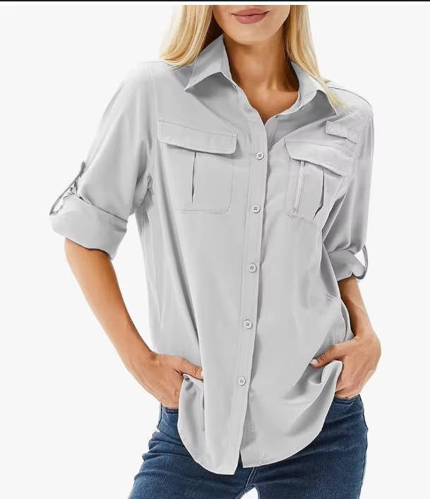 Women's UPF 50 Roll-Up Sleeve Hiking Shirt - Light Gray