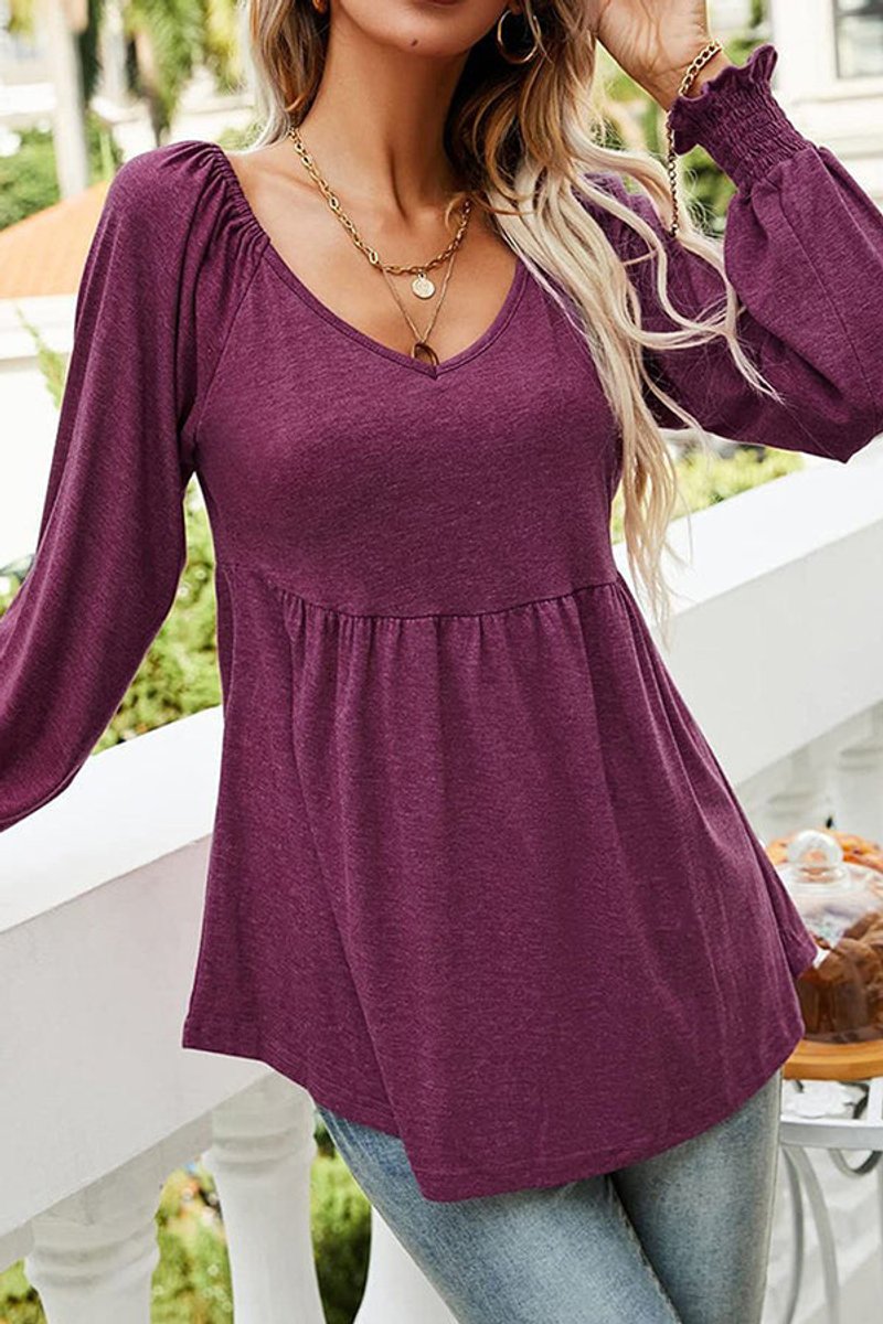 Women's V-Neck Babydoll Long-Sleeve Smocked-Cuff Tunic - Vintrode