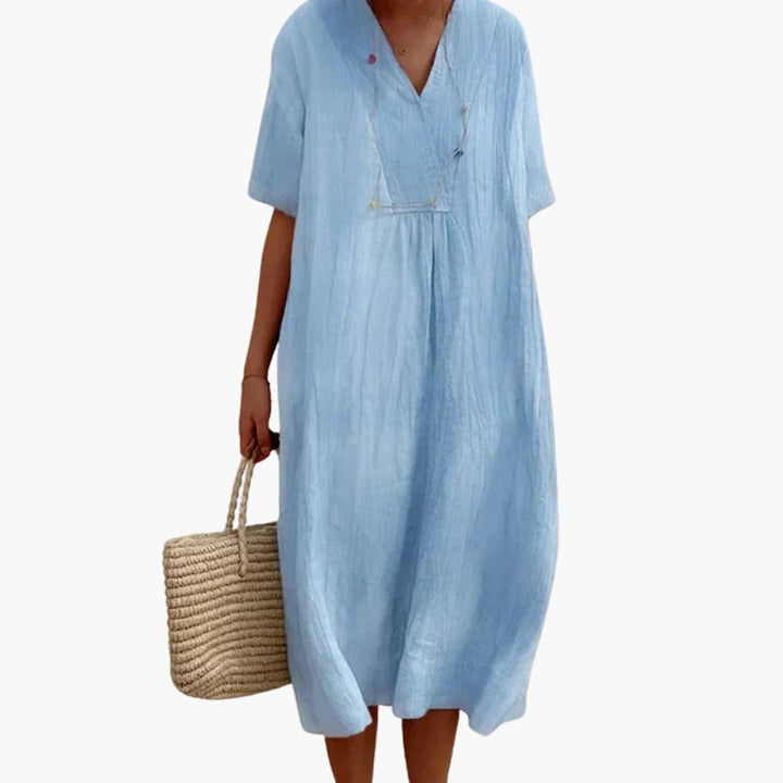 Women's V-Neck Button Placket Relaxed Linen Midi Dress - Blue