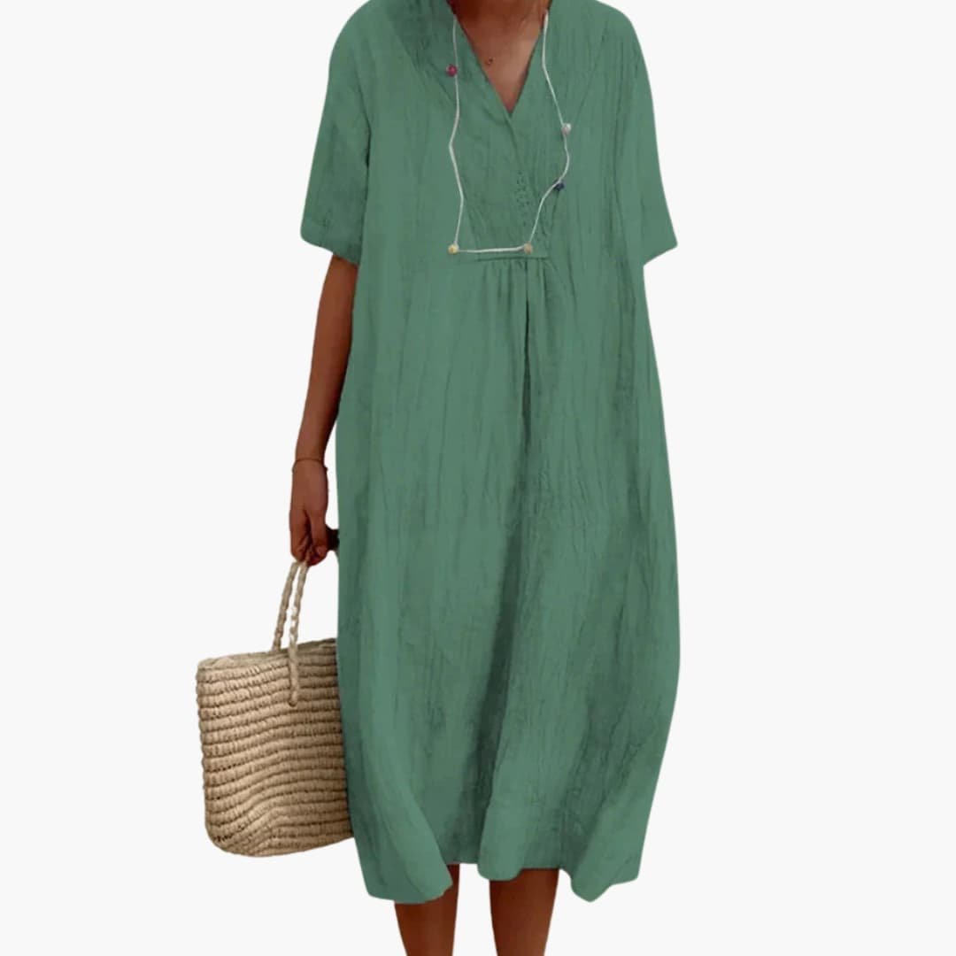 Women's V-Neck Button Placket Relaxed Linen Midi Dress - Light Green