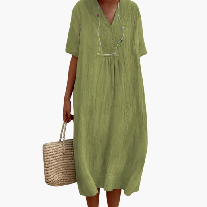 Women's V-Neck Button Placket Relaxed Linen Midi Dress - Green