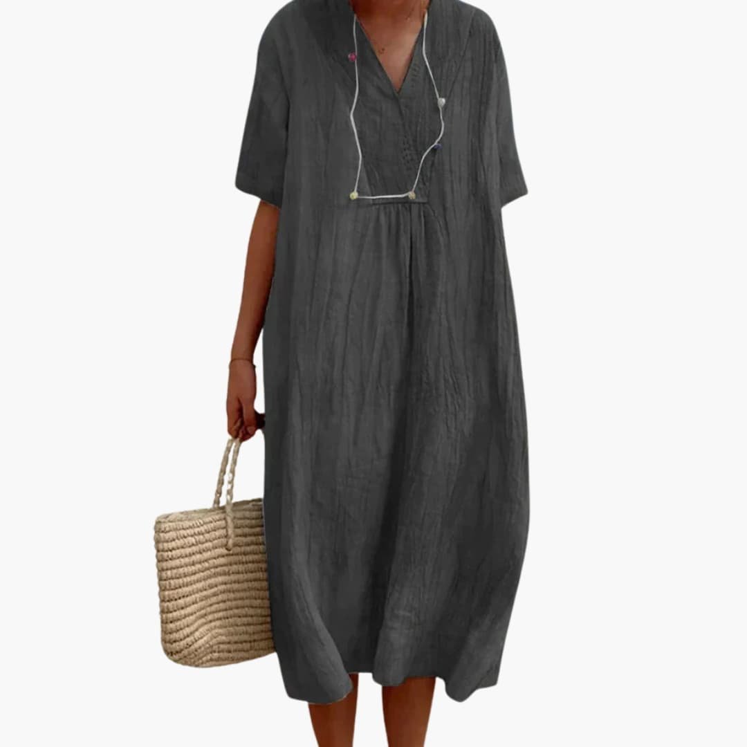 Women's V-Neck Button Placket Relaxed Linen Midi Dress - Black