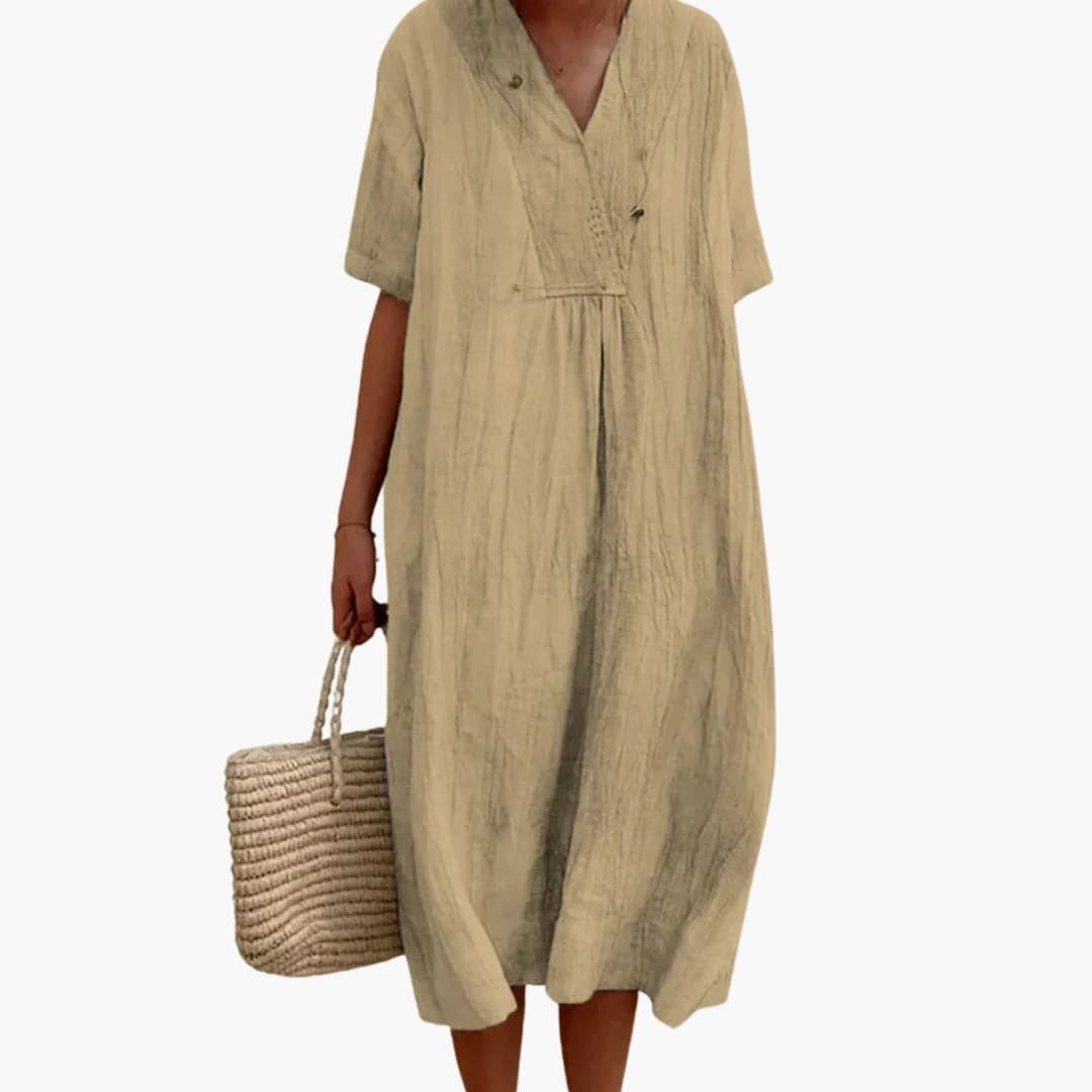 Women's V-Neck Button Placket Relaxed Linen Midi Dress - Khaki