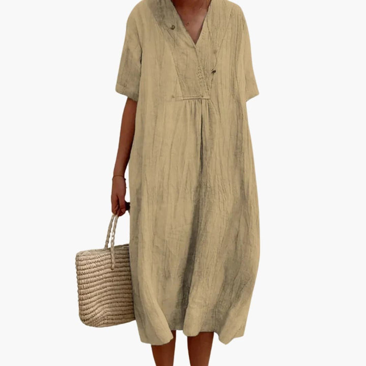Women's V-Neck Button Placket Relaxed Linen Midi Dress - Khaki