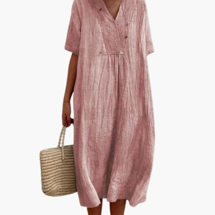 Women's V-Neck Button Placket Relaxed Linen Midi Dress - Pink