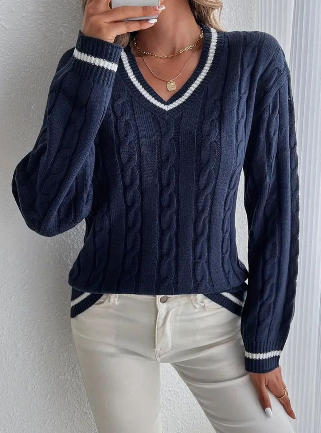Womens V-Neck Cable Knit Jumper Long Sleeve Striped Trim - Navy Blue