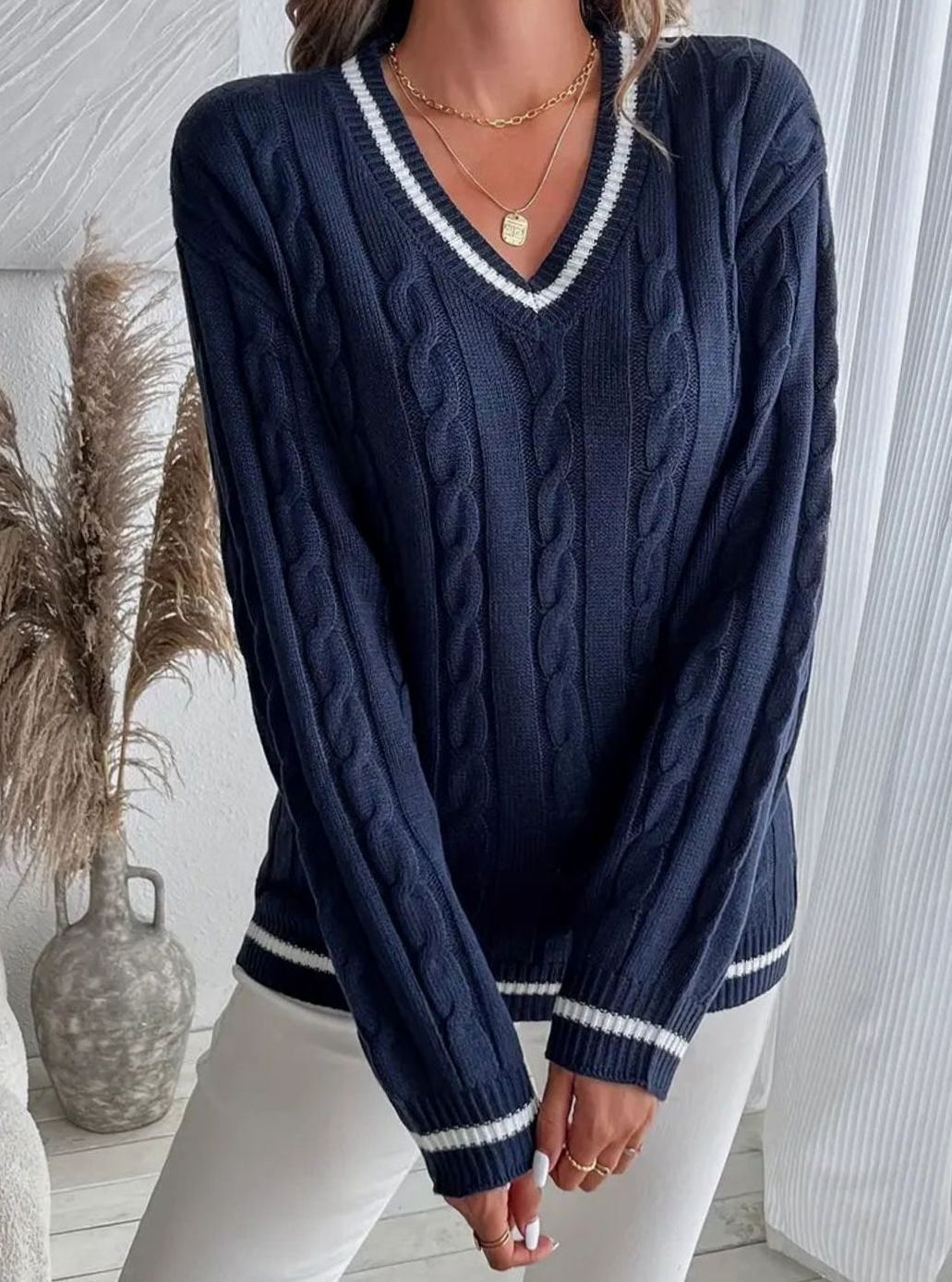 Womens V-Neck Cable Knit Jumper Long Sleeve Striped Trim
