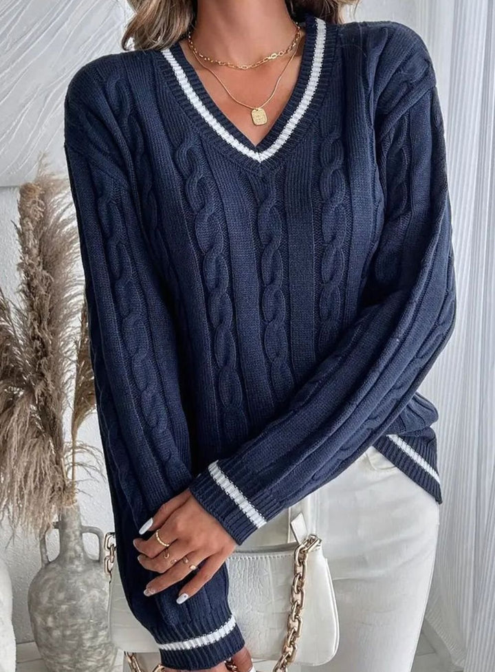 Womens V-Neck Cable Knit Jumper Long Sleeve Striped Trim