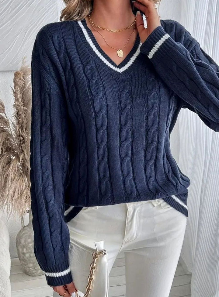 Womens V-Neck Cable Knit Jumper Long Sleeve Striped Trim