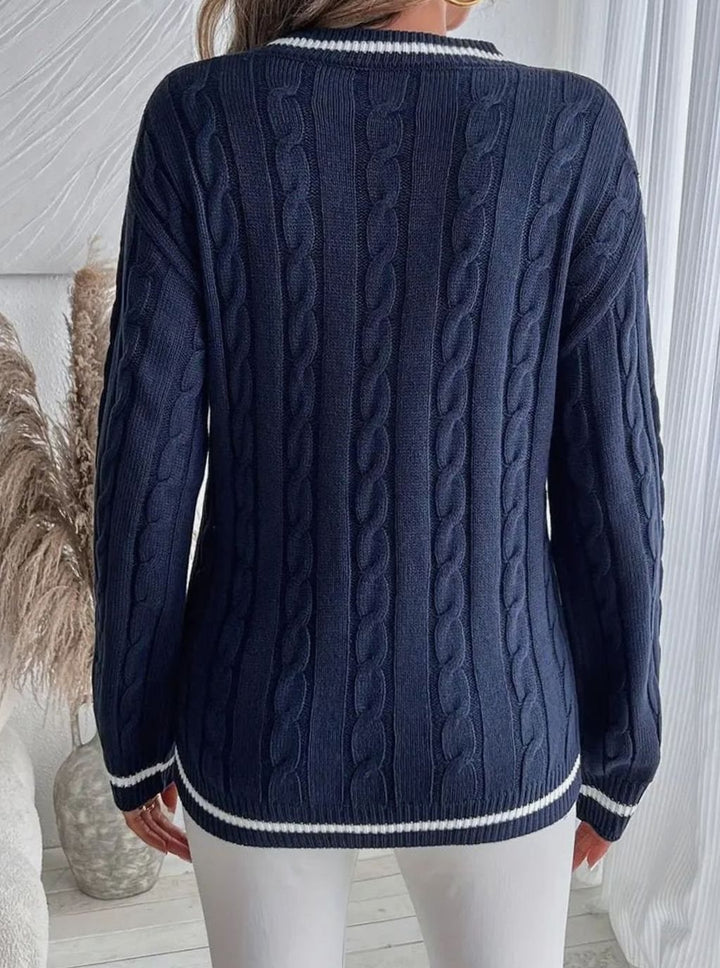 Womens V-Neck Cable Knit Jumper Long Sleeve Striped Trim