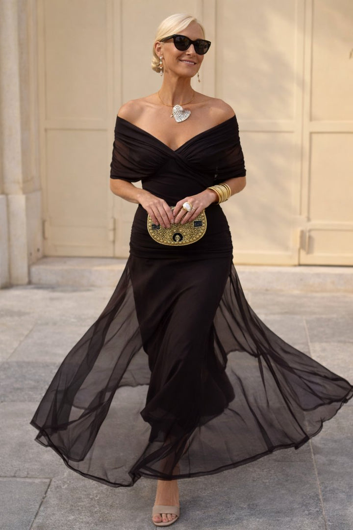 Women's V-Neck Chiffon Maxi Cocktail Party Dress Pleated Waist - Night Brown