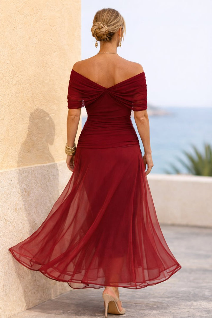 Women's V-Neck Chiffon Maxi Cocktail Party Dress Pleated Waist