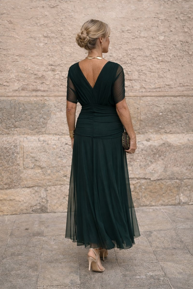 Women's V-Neck Chiffon Maxi Cocktail Party Dress Pleated Waist