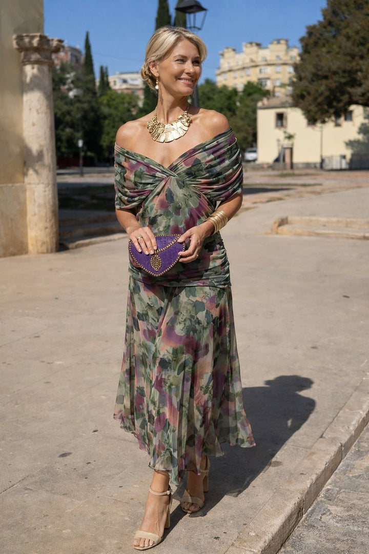 Women's V-Neck Chiffon Maxi Cocktail Party Dress Pleated Waist - Bouquet