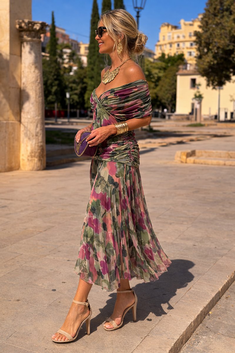 Women's V-Neck Chiffon Maxi Cocktail Party Dress Pleated Waist