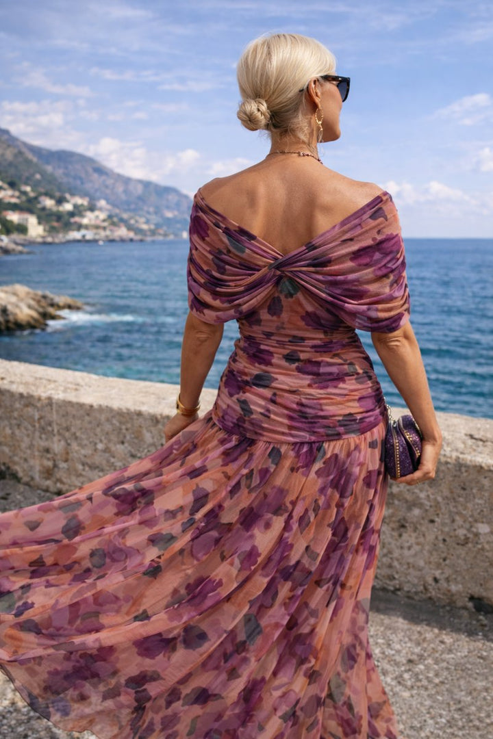 Women's V-Neck Chiffon Maxi Cocktail Party Dress Pleated Waist