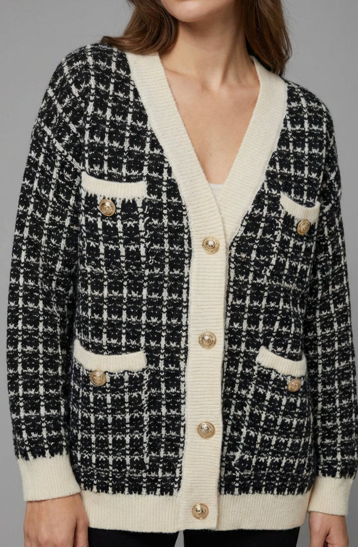 Women's V-Neck Chunky Knit Sweater Cardigan Gold Button Tweed - White